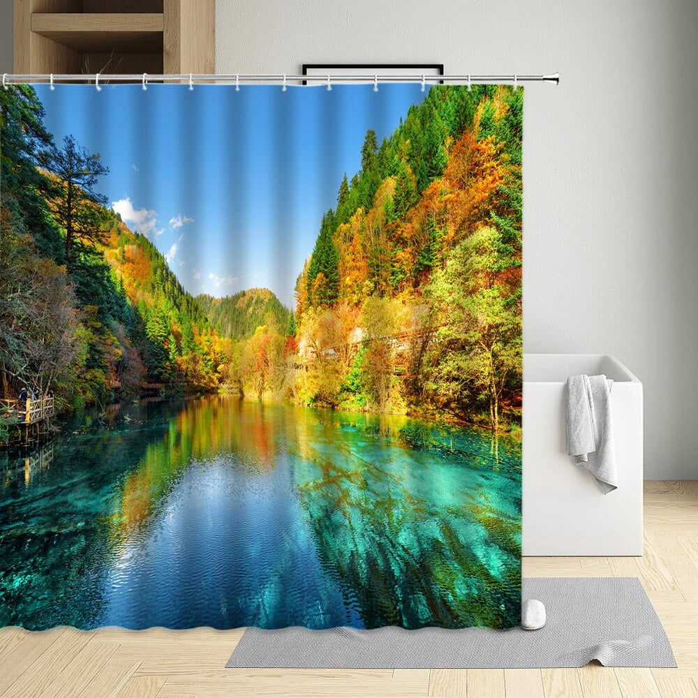 Natural Scenery Waterfall Shower Curtain Forest Autumn Tree Branch Lake