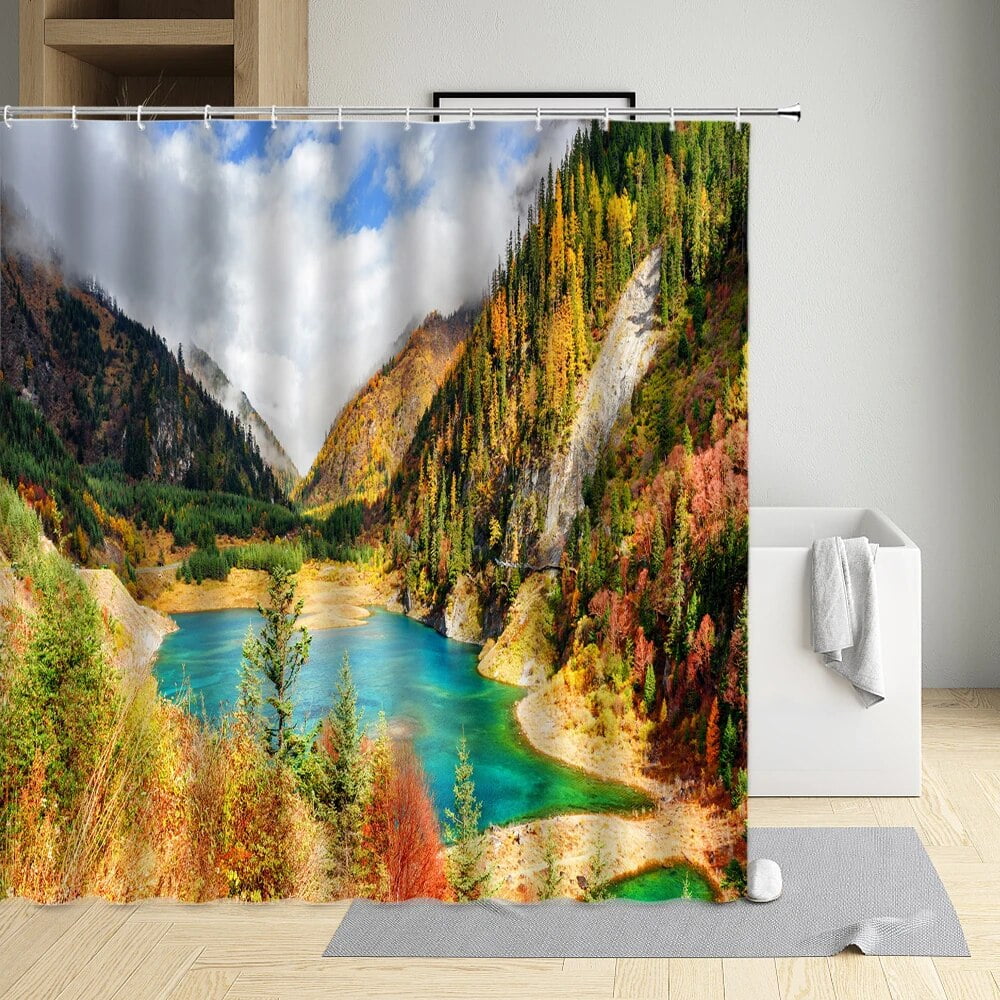 Natural Scenery Waterfall Shower Curtain Forest Autumn Tree Branch Lake