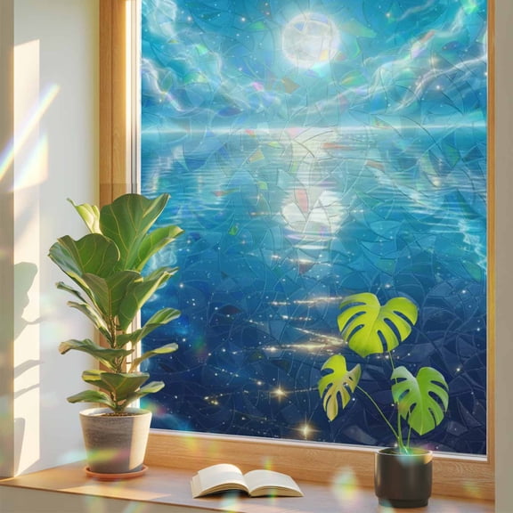 Natural Scenery Window Privacy Film, Moonlight Sea Surface Reflection Dreamy Clouds Stained Glass Rainbow Film Decorative Window Clings, Static Cling Sun Blocking Stickers 17.7" x 78.7"