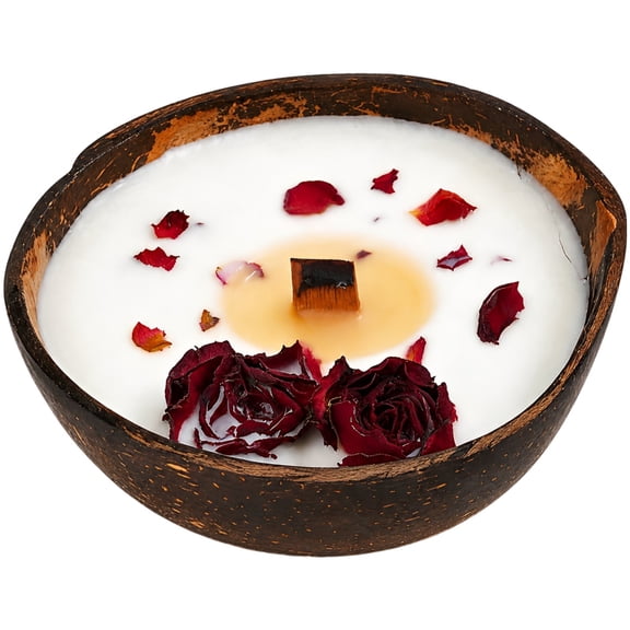 Natural Scented Coconut Shell Bowl Candle with Dried Flowers, 3.9 oz Soy Wax Blend and Wood Wick, Long Lasting Rose Fragrance for Stress Comfort, Home Decor, Romantic Present for Women
