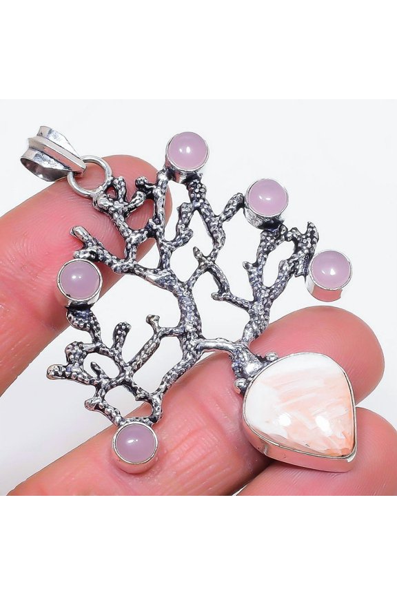 Natural Scolecite, Chalcedony 925 Sterling Silver Jewelry Pendant 2.76"