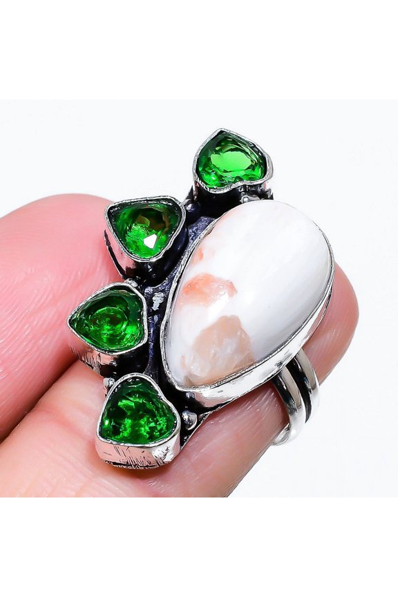 Natural Scolecite, Diopside Gemstone 925 Sterling Silver Ring Size 7