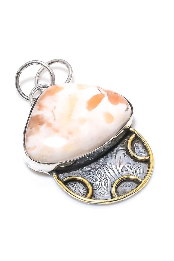 Natural Scolecite Gemstone 925 Sterling Silver Two Tone Pendant 2.01"