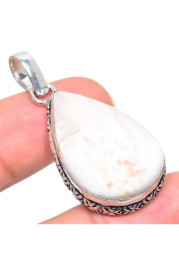 Natural Scolecite Gemstone Handmade 925 Sterling Silver Pendant 1.81"