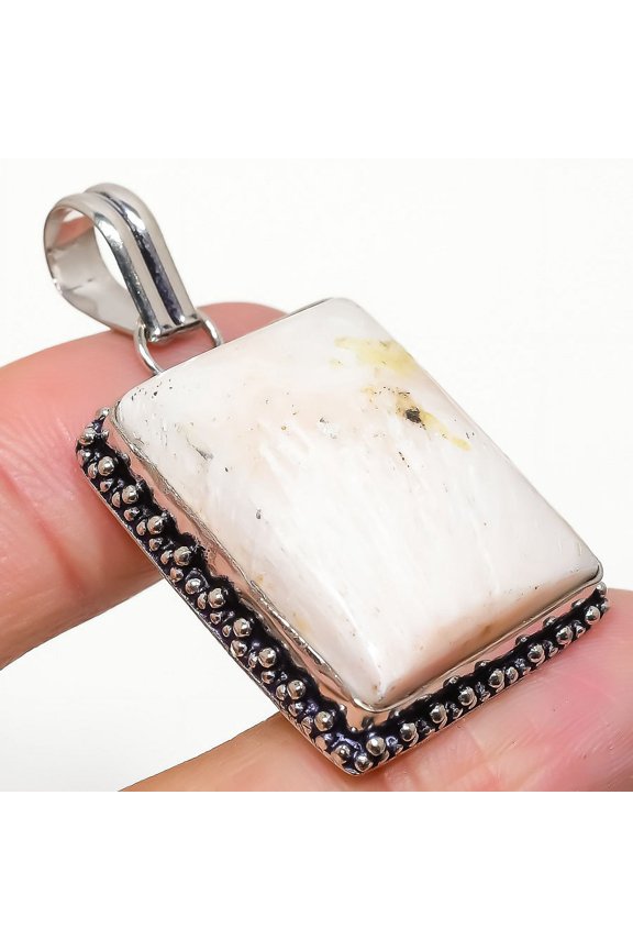 Natural Scolecite Gemstone Handmade 925 Sterling Silver Pendant 1.81"