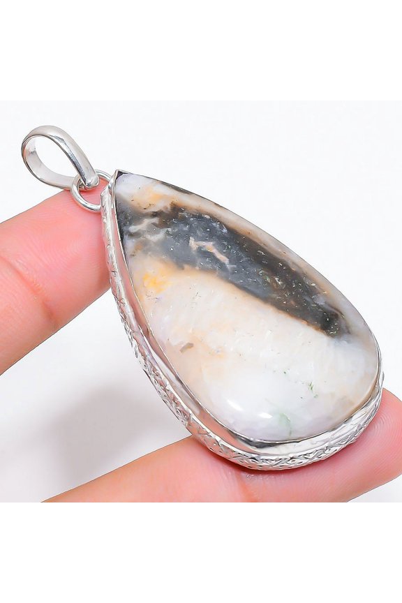 Natural Scolecite Gemstone Handmade 925 Sterling Silver Pendant 2.48"