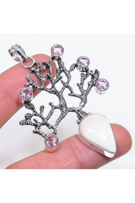 Natural Scolecite, Kunzite 925 Sterling Silver Jewelry Pendant 2.84"