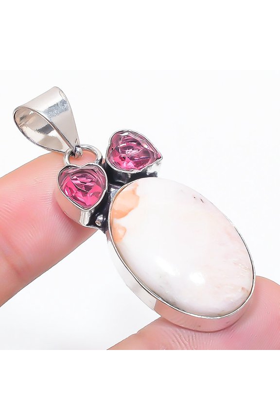 Natural Scolecite, Rubillite 925 Sterling Silver Jewelry Pendant 2.01"