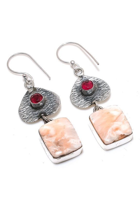 Natural Scolecite, Rubillite Gemstone 925 Sterling Silver Earring 2.17"