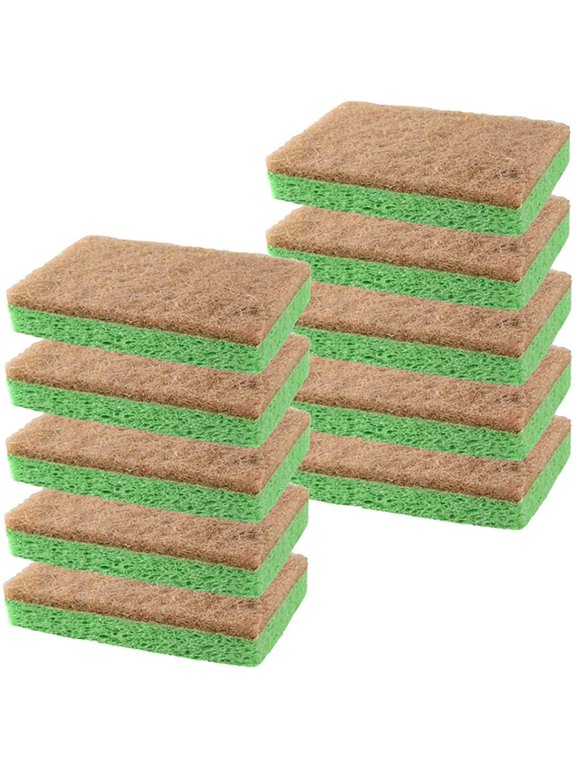 Natural Scrub Sponge Eco Freindly Plant-Based Cleaning Sponges for Dishes, kitchen, Bathroom & More - Biodegradable Non-Scratch Dish Sponge Along with Heavy Duty Scouring Pad 10 Pack