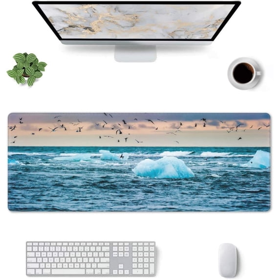 Natural Sea Glacier Melting Gaming Mouse Pad Large Mouse Pad (31.5x11.8 Inch) Non-Slip Rubber Base Large Desk Mat Desk Protector for Home Office Gaming Work