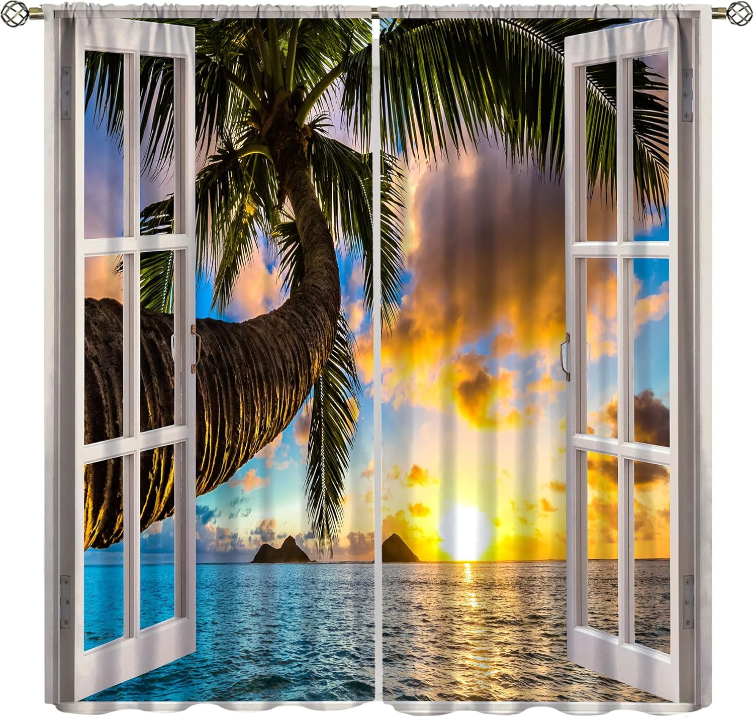 Natural Sea Landscape Curtain,Summer Ocean Beach Tropical Curtains,Home Bedroom Living Room Kitchen Decorative Window Drapes 84x84in