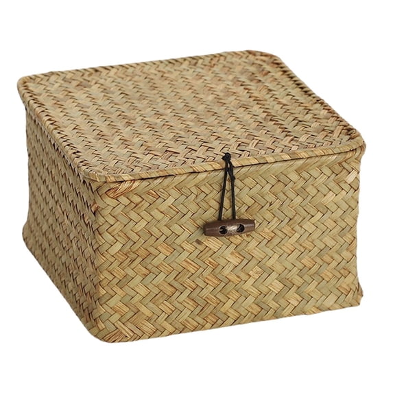 Natural Seagrass Basket with Lid, 7.9-Inch Square Decorative Storage Container for Snacks, Toiletries, Towels, Stackable, 1* Storage Basket