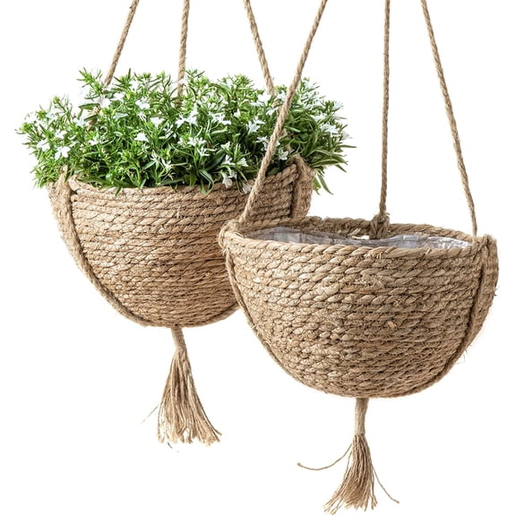 Natural Seagrass Hanging Planter Basket Set, Indoor Plant Pots, Boho Decor Plant Pot Cover, 12.4 (D) 6.3 (H) Inch, Pack 2