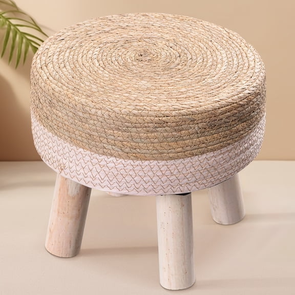 Natural Seagrass Rattan Round Footstool, Hand Woven Small Ottoman, Pouf Foot Stool with Non-Slip Wood Legs, Couch Soft Step Stool, Shoe Change Stool Padded Foot Rest for Entryway Living Room Bedroom