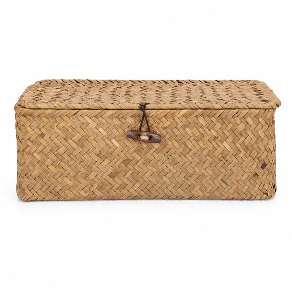 Natural Seagrass Storage Basket Woven Rectangular Shelf Bins with Lids Desktop Organizer 24 inches / 60.9 cm