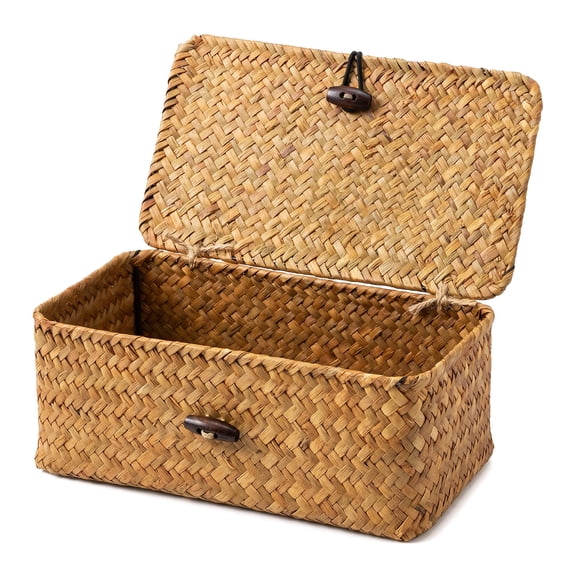 Natural Seagrass Wicker Basket with Lid - Small Rectangular Woven Storage Box for Bathroom, Pantry, Shelves