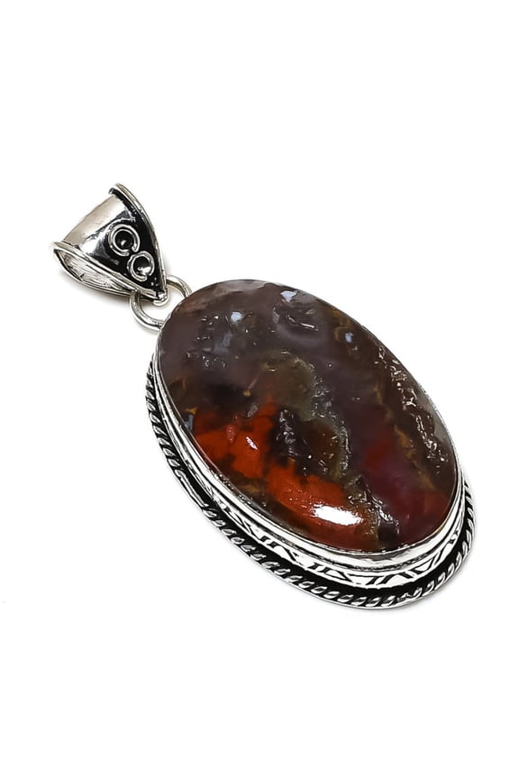 Natural Seam Agate Gemstone Handmade 925 Sterling Silver Pendant 2.29"
