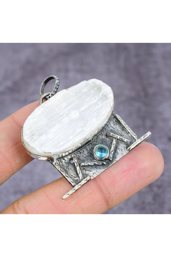 Natural Selenite, Blue Topaz Handmade 925 Sterling Silver Pendant 2.28"