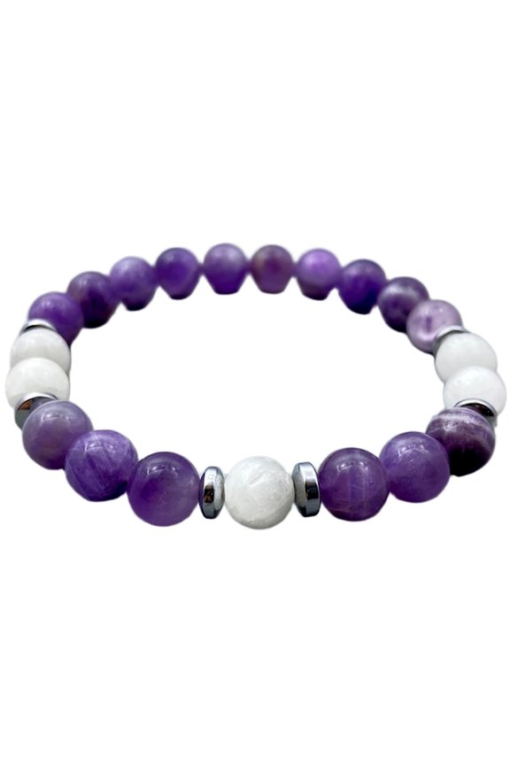 Natural Selenite & Chevron Amethyst 8mm Round Shape Smooth Cut Beads Stretchable Bracelet For Men & Women. Unisex Bracelet