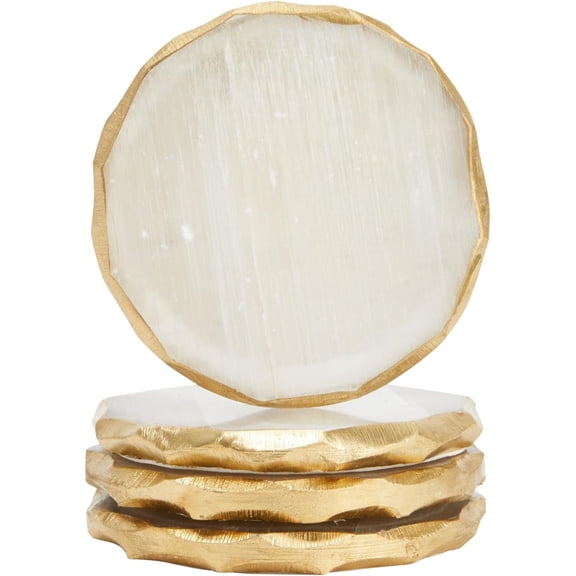 Natural Selenite Crystal Coasters - Absorbent Surface Barrier & Crystal Drink Coasters - Handcrafted Geode Slices & Gold Decor Accent - Set of 4 for Cups & Bottles - 4-Pack, 3.75-4 in