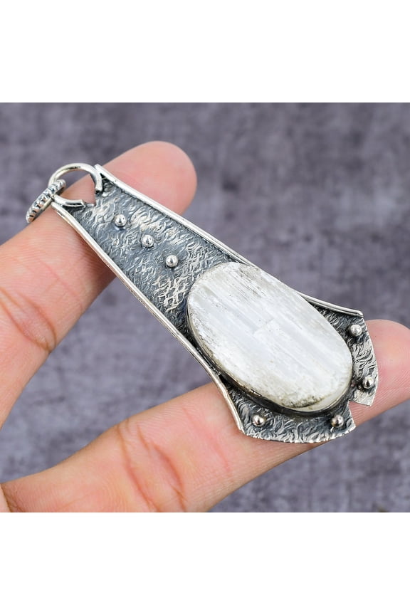 Natural Selenite Gemstone Handmade 925 Sterling Silver Pendant 2.95"