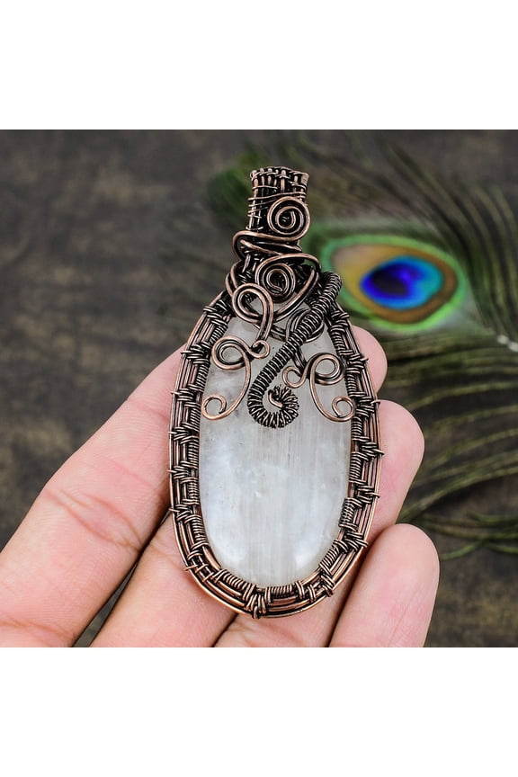 Natural Selenite Gemstone Handmade Copper Wire Wrap Gift Pendant 3.43