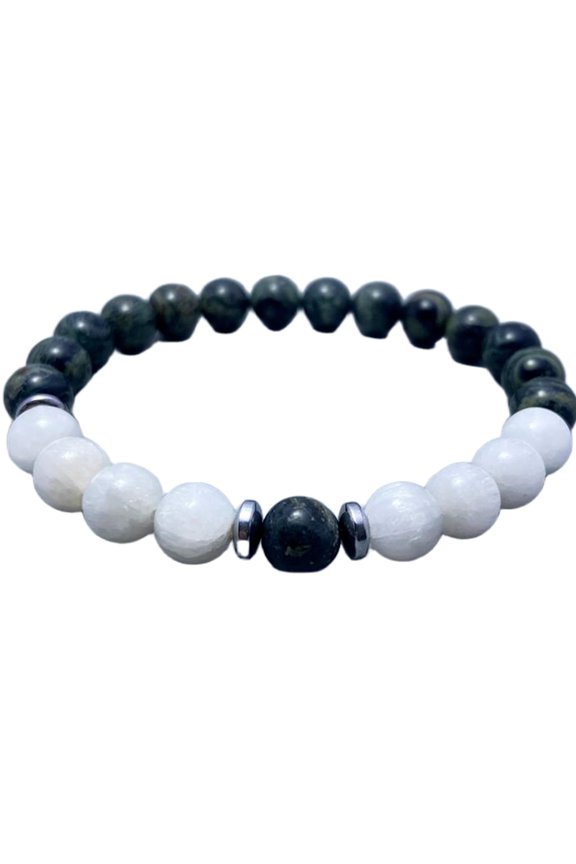 Natural Selenite & Kambaba Jasper 8mm Round Shape Smooth Cut Beads Stretchable Bracelet For Men & Women. Unisex Bracelet