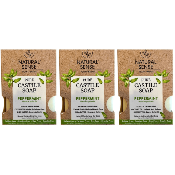Natural Sense Plant-Based Pure Castile Soap Peppermint  3 Pack | Olive Oil, Coconut Oil & Shea Butter Moisturizing Bars | All Natural