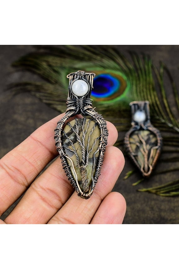 Natural Septarian Stone, Moonstone Gemstone Copper Wire Wrap Pendant 2.68"