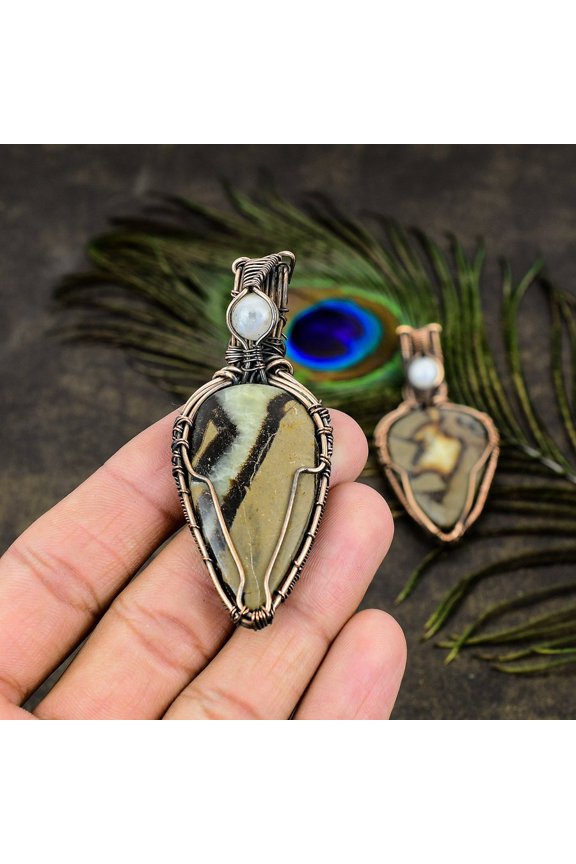 Natural Septarian Stone, Moonstone Gemstone Copper Wire Wrap Pendant 2.76"