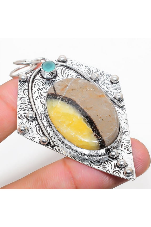 Natural Septerian Stone, Chalcedony 925 Sterling Silver Pendant 2.88"