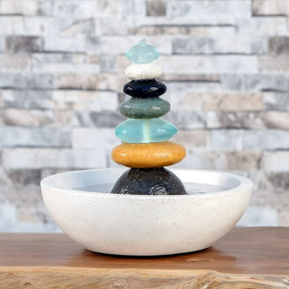 Natural Septuple Rock Cairn Water Fountain with Glass