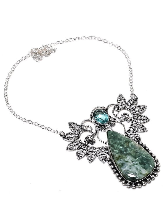 Natural Seraphinite, Apatite Handmade 925 Sterling Silver Necklace 18"