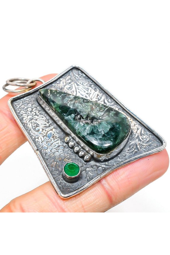 Natural Seraphinite, Diopside Gemstone 925 Sterling Silver Pendant 2.25"