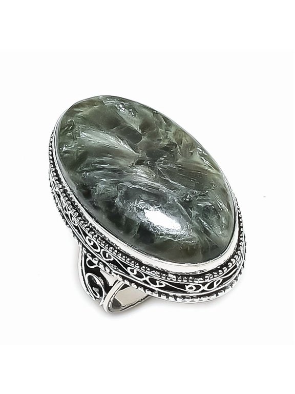 Natural Seraphinite Gemstone 925 Sterling Silver Jewelry Ring Size 10