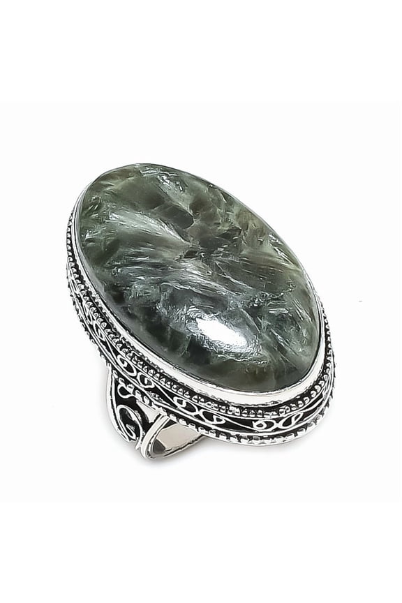Natural Seraphinite Gemstone 925 Sterling Silver Jewelry Ring Size 10