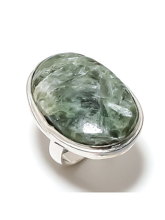 Natural Seraphinite Gemstone Handmade 925 Sterling Silver Jewelry Ring S.7