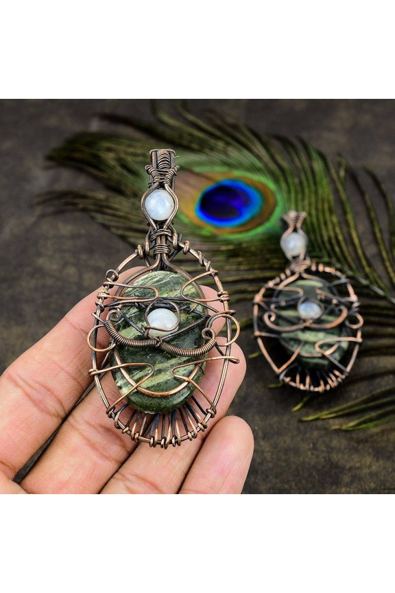 Natural Seraphinite, Moonstone Gemstone Copper Wire Wrap Pendant 3.35"