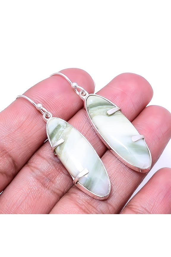 Natural Serpentine 925 Sterling Silver Earring 1.95" E21, Christmas Gift, Handmade Jewelry, Dangle Earring