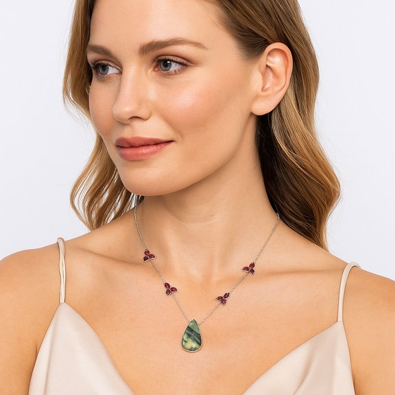 Natural Serpentine & Garnet 925 Sterling Silver Necklace Jewelry N-1004 SDN1563