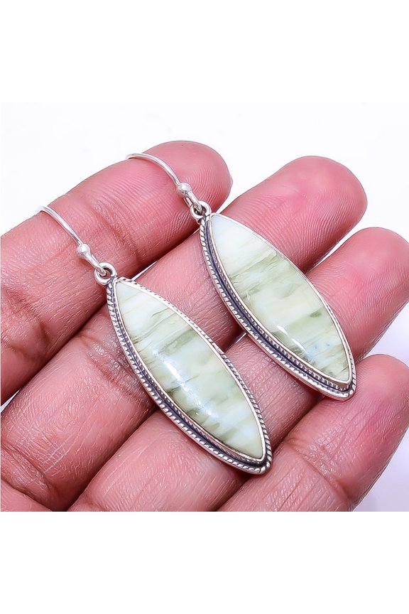 Natural Serpentine -Russia 925 Sterling Silver Earring 2.11" E57, Christmas Gift, Handmade Jewelry, Dangle Earring