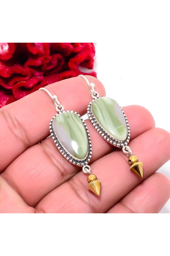 Natural Serpentine - Russia 925 Sterling Silver Two Tone Arrow Head Earring 2.15 Sku25, Mint Green Earring, Natural Gemstone Earring
