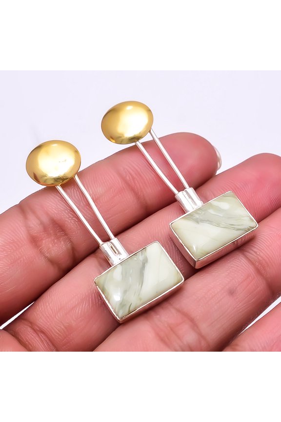 Natural Serpentine - Russia 925 Sterling Silver Two Tone Earring 1.64" E39