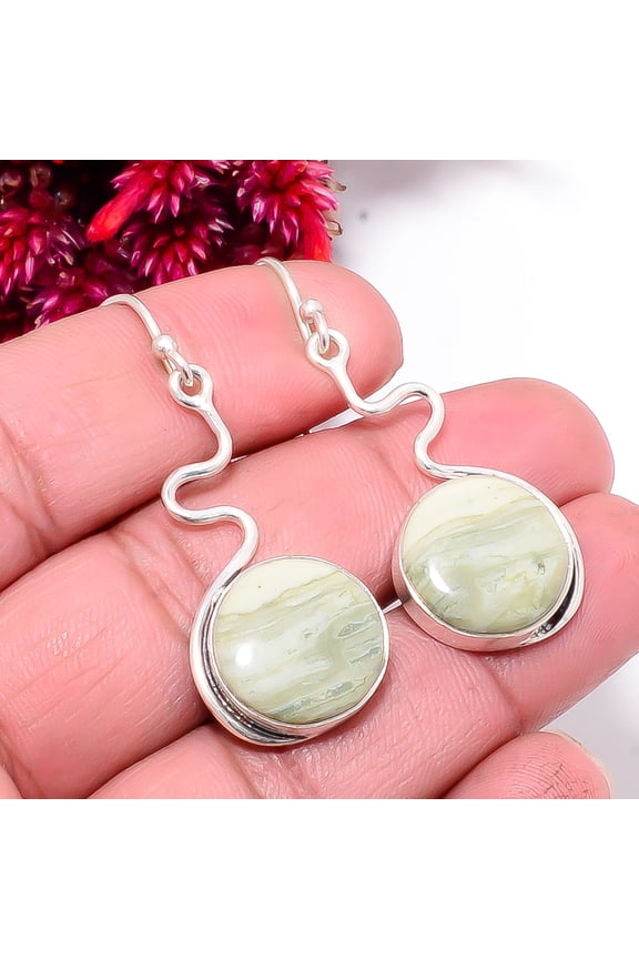Natural Serpentine - Russia Designer Handmade 925 Sterling Silver Earring 1.95" Sku9, Mint Green Earring, Natural Gemstone Earring