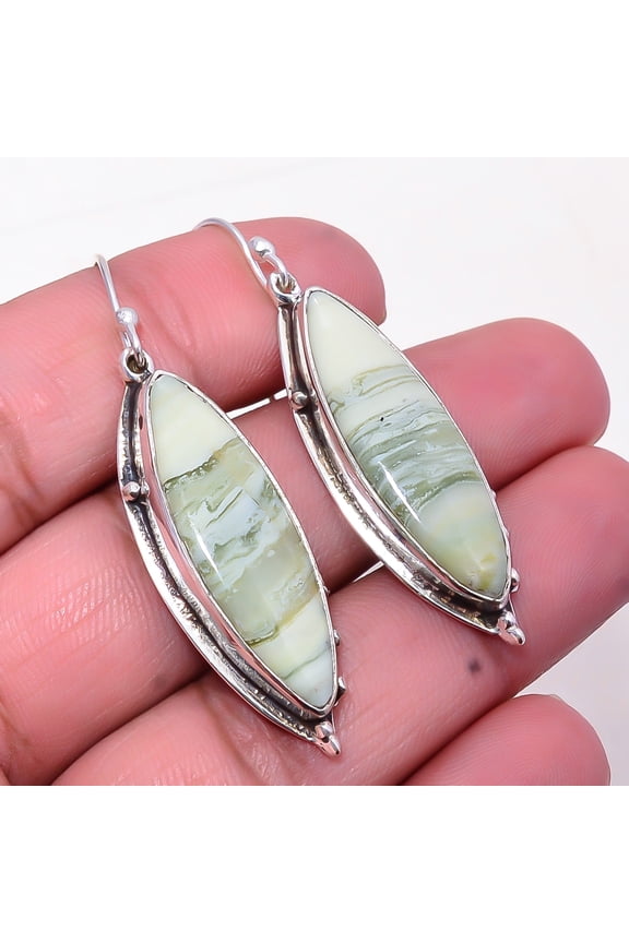 Natural Serpentine - Russia Gemstone 925 Sterling Silver Earring 2.07" E82100423, New Year Sale, Valentin's Day Gift