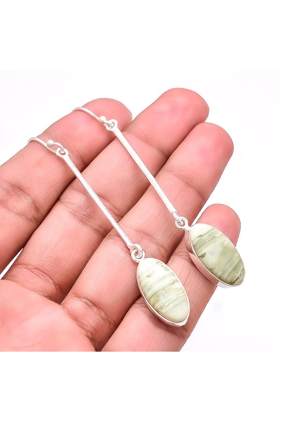 Natural Serpentine - Russia Gemstone 925 Sterling Silver Earring 2.96" Sku8, Mint Green Earring, Natural Gemstone Earring