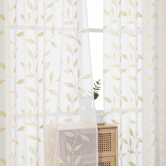 Natural Sheer Curtains 84 Inch Light Filtering Linen Blend Embroidered Leaf Pattern Window Drapes Panel for Living Room Bedroom, 2 Panels 50Wx84L
