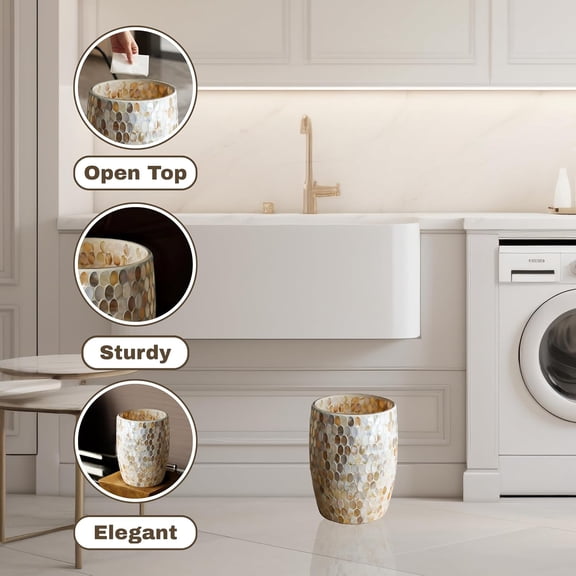 Natural Shell Bathroom Mosaic Glass 5L | Decorative Small Garbage Can | 7" x 10" | Luxury Waste Basket for Restroom, Office, Bedroom & Kitchen | Shiny Glass Bathroom Accessories