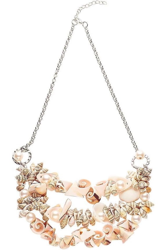 Natural Shell Bib Statement Necklaces Shell Necklace for Women Adjustable Pearl Seashell Cowrie Collar Necklace for Summer Costume Platinum